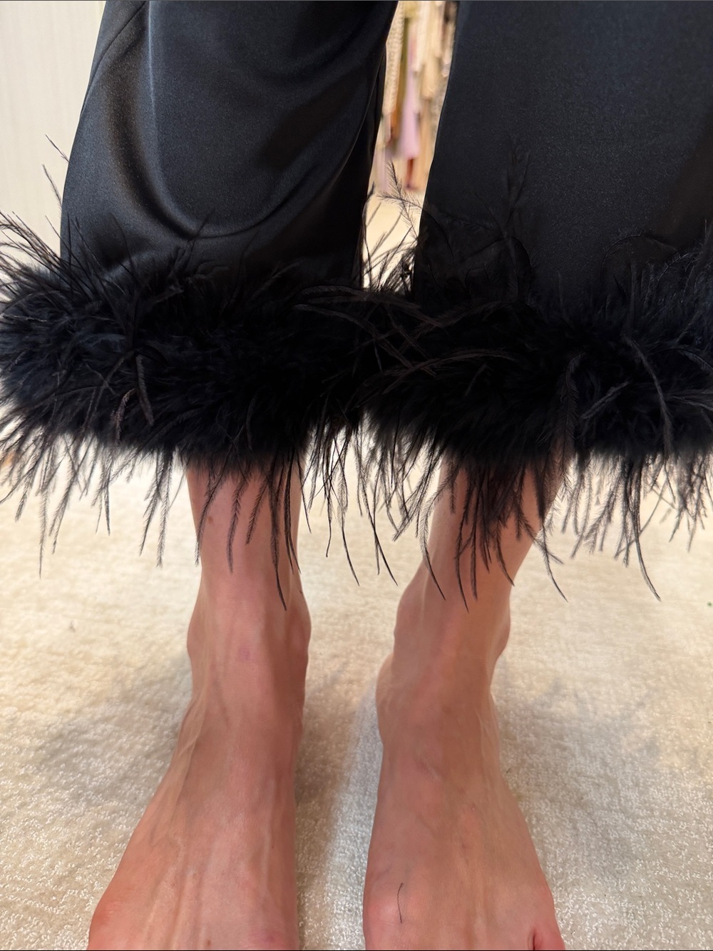 NADINE MERABI Black Feather Trim Pajama-Style Pantsuit - Picture 4 of 6